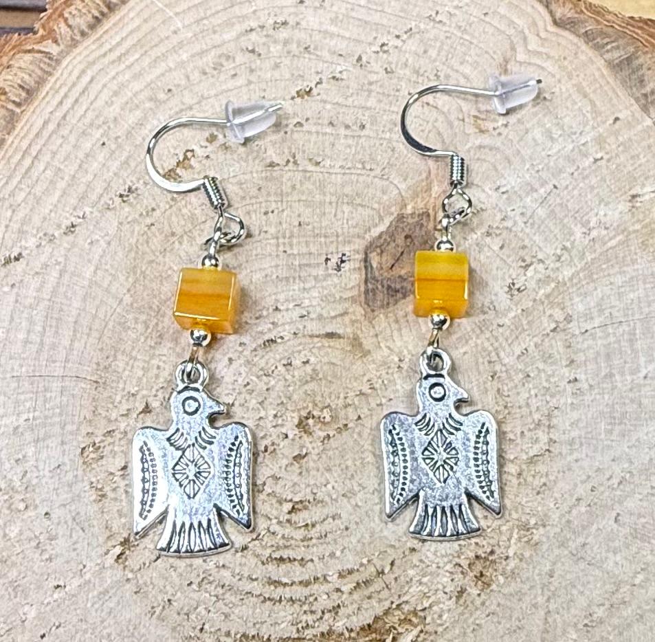 NEW Silver Thunderbird Charm Earrings w/ Square Orange Glass Bead