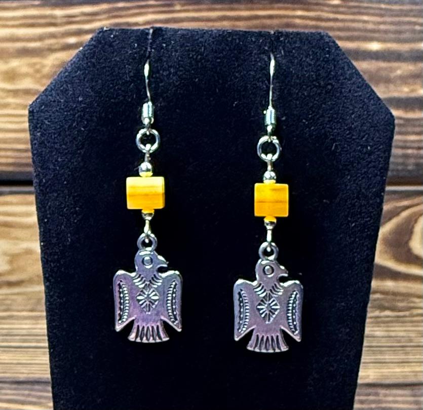 NEW Silver Thunderbird Charm Earrings w/ Square Orange Glass Bead