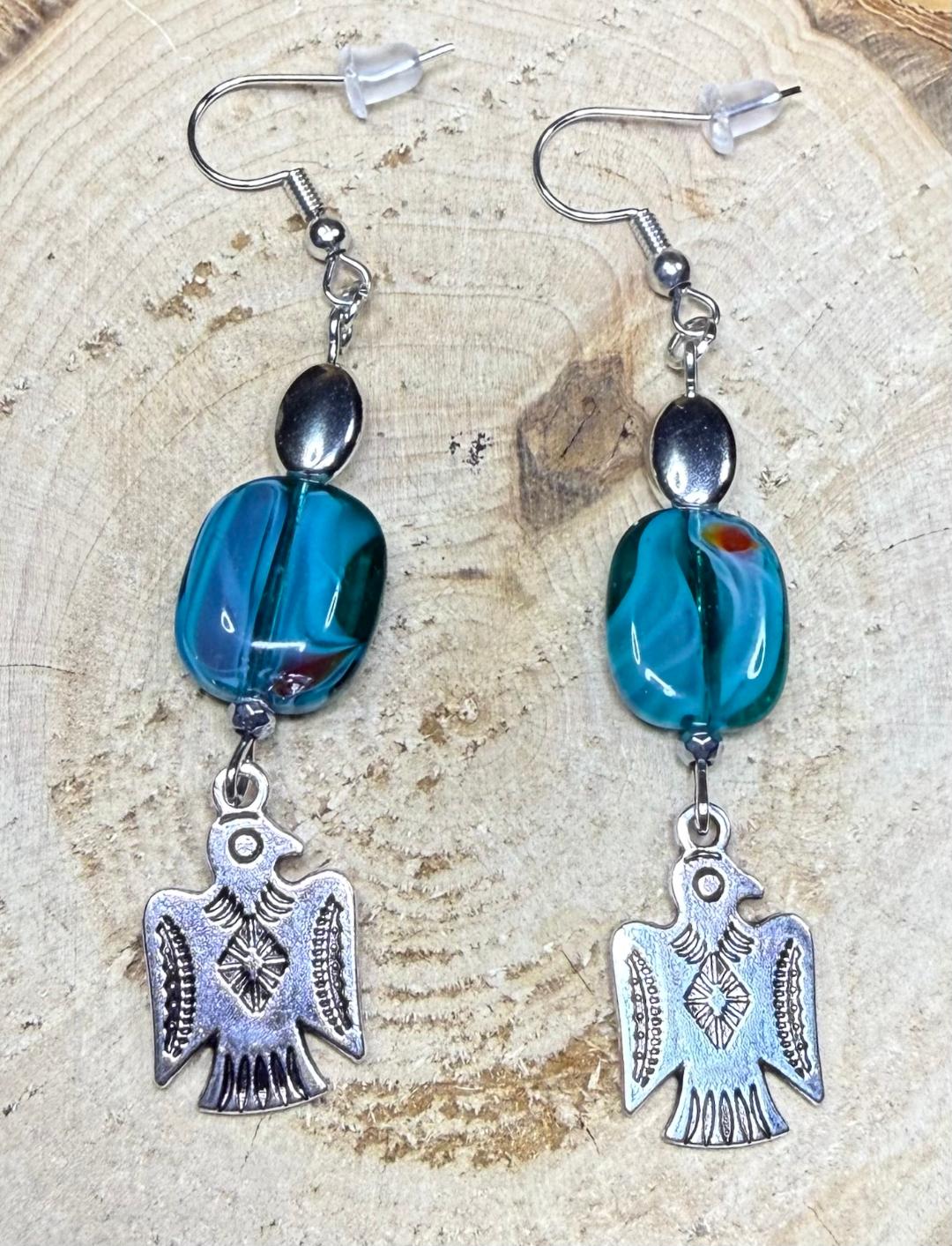 NEW Double Sided Thunderbird Charm Earrings w/ Teal Swirl Glass Beads