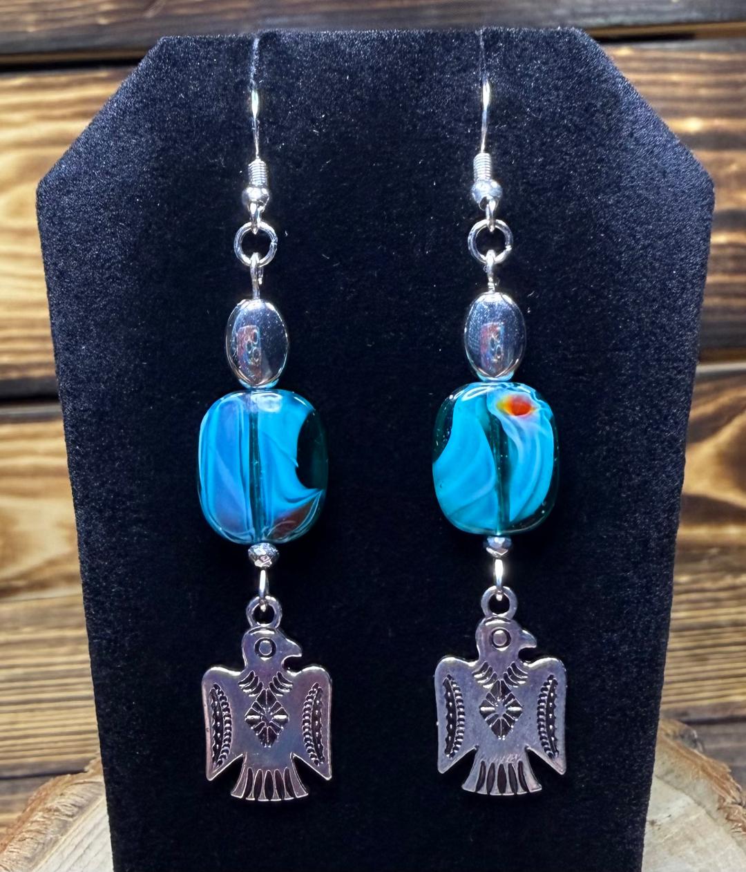 NEW Double Sided Thunderbird Charm Earrings w/ Teal Swirl Glass Beads