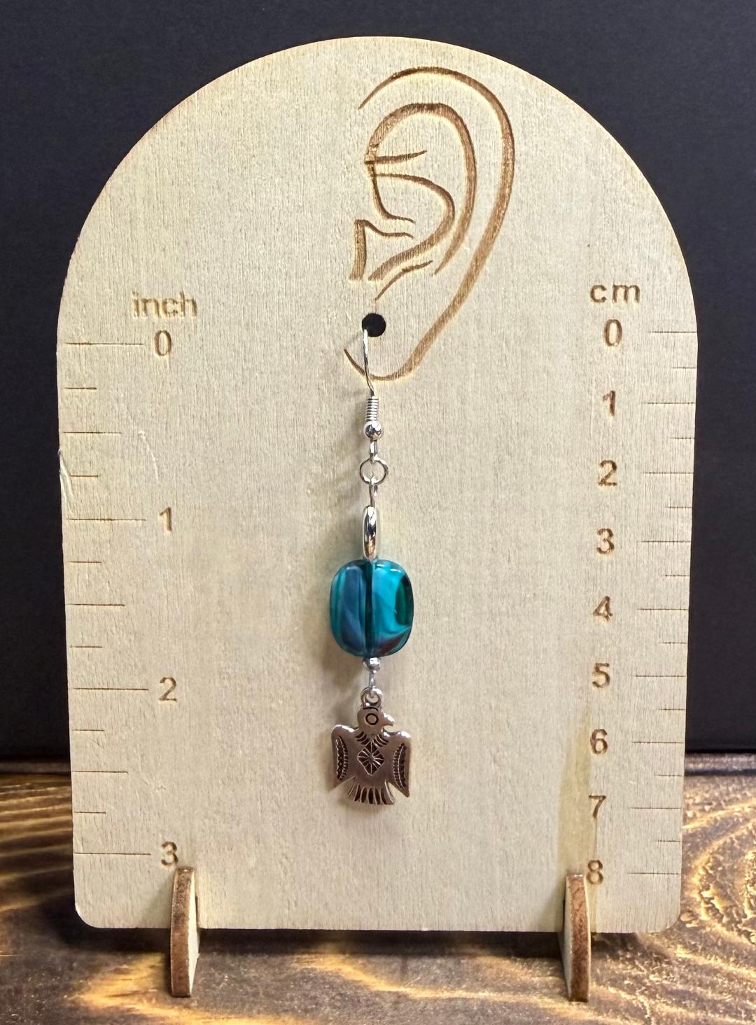 NEW Double Sided Thunderbird Charm Earrings w/ Teal Swirl Glass Beads