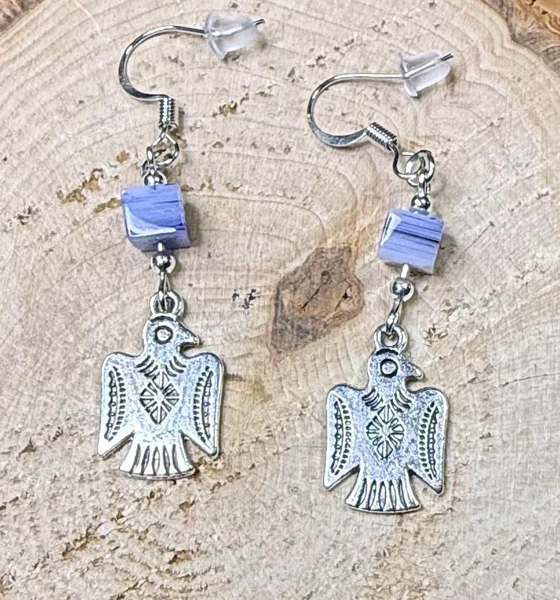 NEW Silver Thunderbird Charm Earrings w/ Square Blue Glass Bead