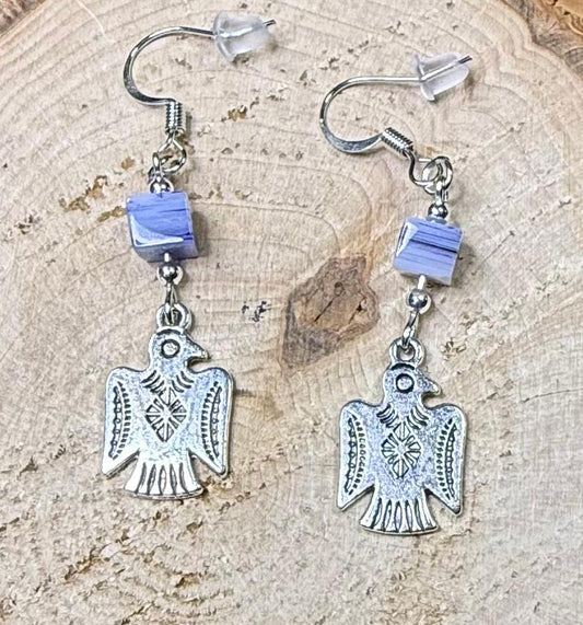 NEW Silver Thunderbird Charm Earrings w/ Square Blue Glass Bead