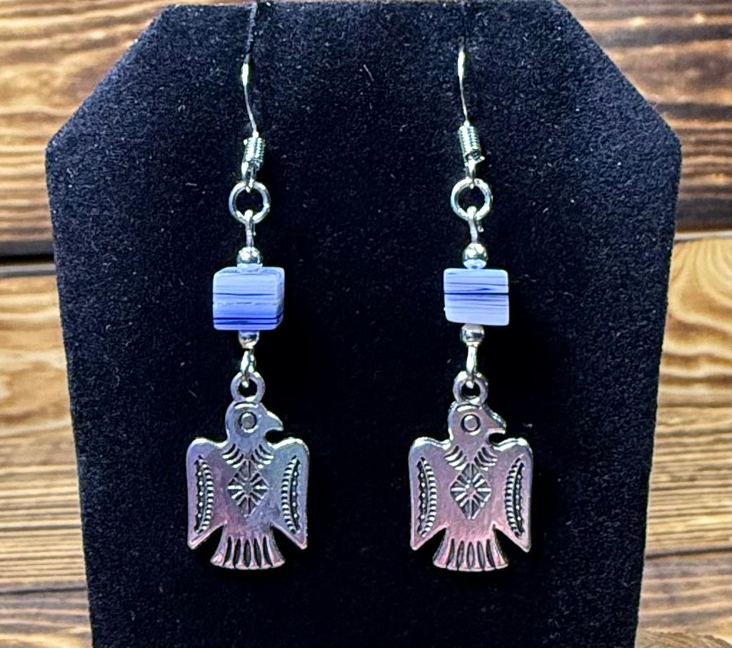 NEW Silver Thunderbird Charm Earrings w/ Square Blue Glass Bead