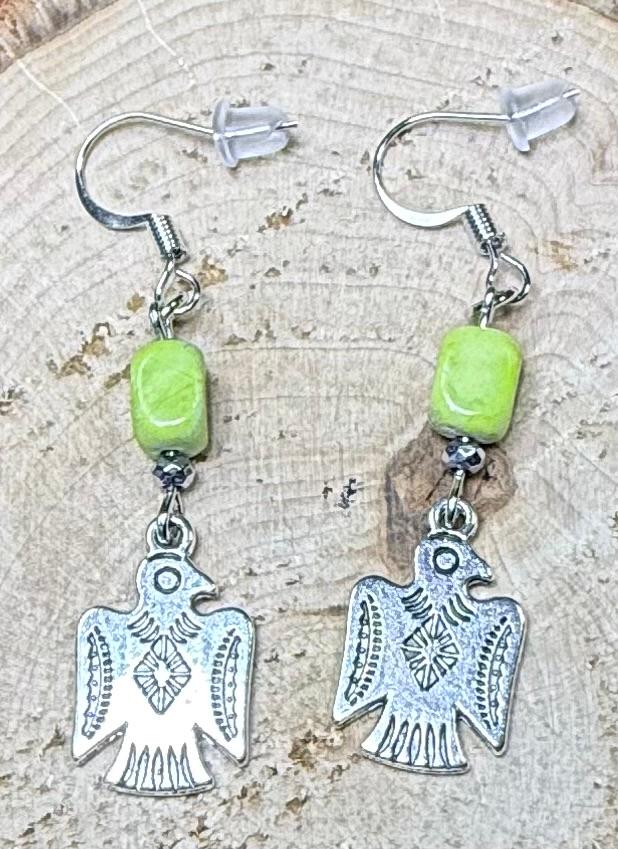 NEW Silver Thunderbird Charm Earrings w/ Bright Green Jasper Bead