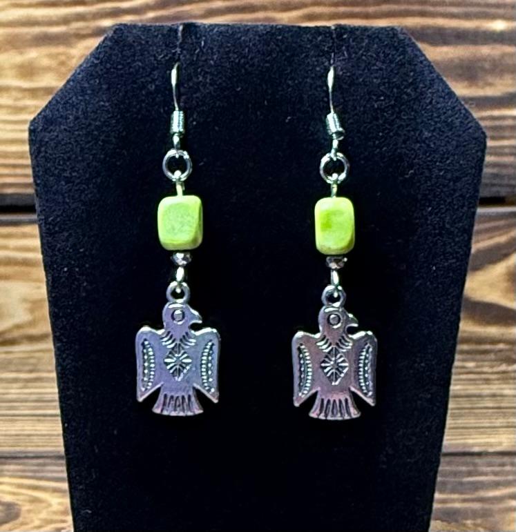 NEW Silver Thunderbird Charm Earrings w/ Bright Green Jasper Bead