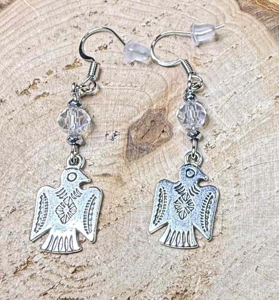 NEW Silver Thunderbird Charm Earrings w/ Clear Faceted Glass Bead