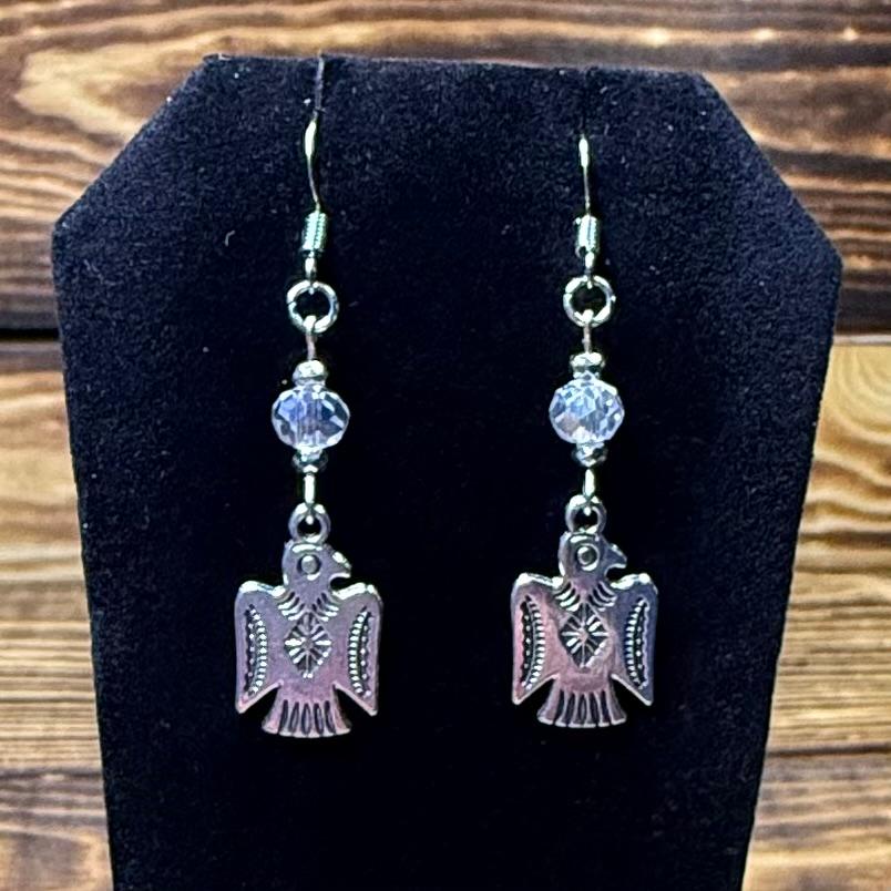 NEW Silver Thunderbird Charm Earrings w/ Clear Faceted Glass Bead