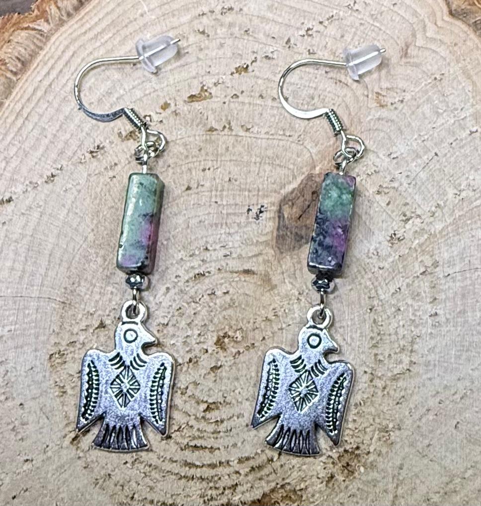 NEW Silver Thunderbird Charm Earrings w/ Rectangle Marble Finish Jasper Bead
