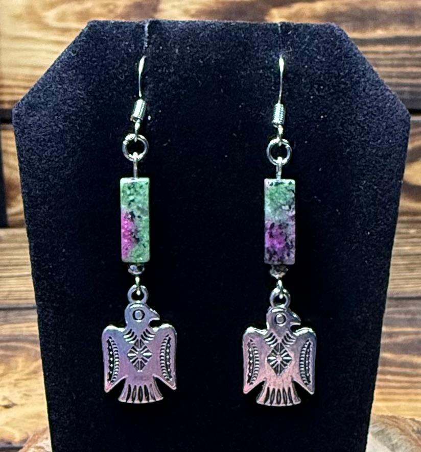 NEW Silver Thunderbird Charm Earrings w/ Rectangle Marble Finish Jasper Bead