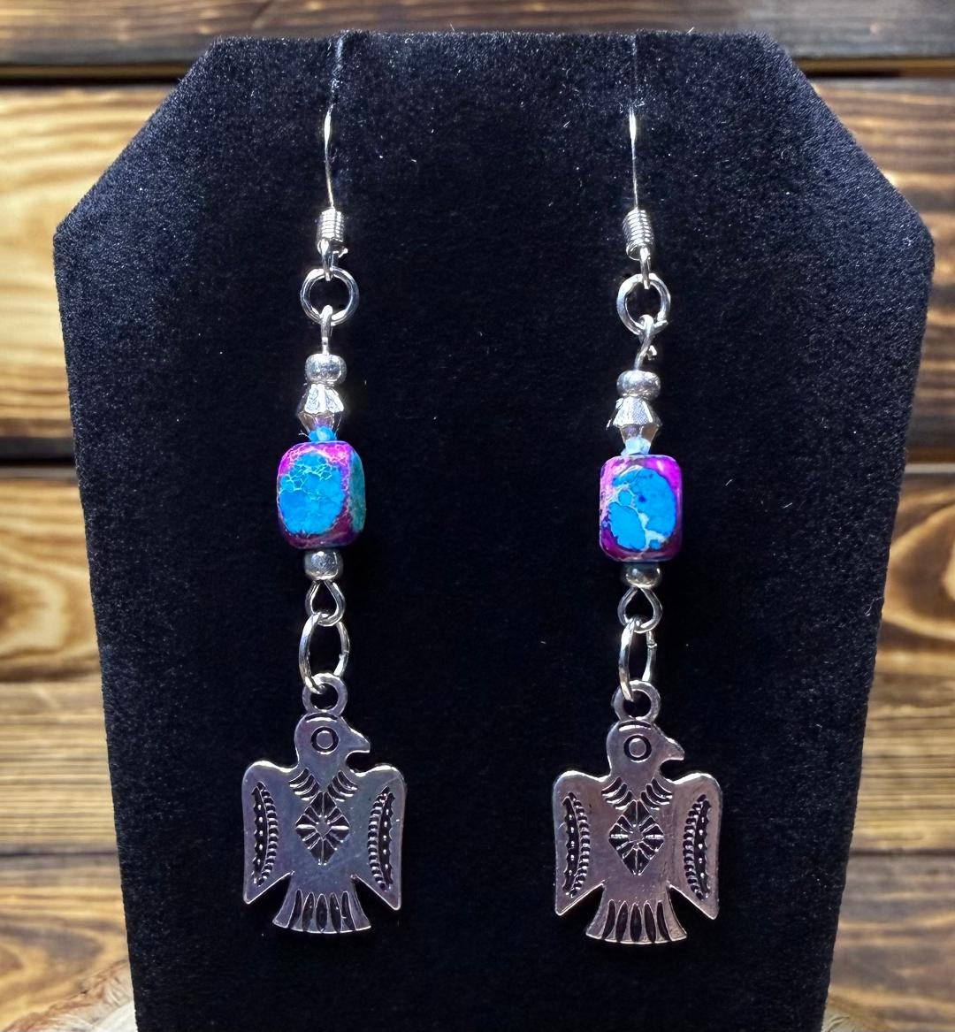 NEW Silver Thunderbird Charm Earrings w/ Multicolor Jasper Bead