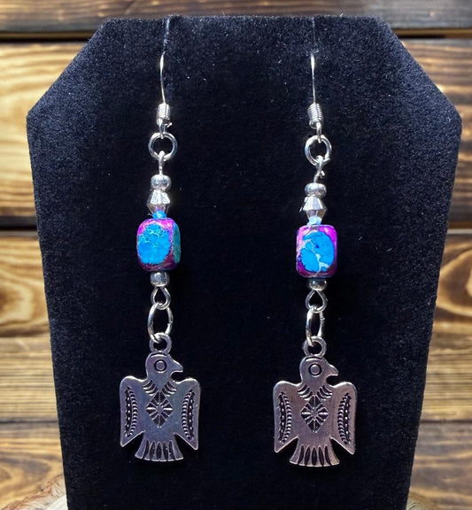NEW Silver Thunderbird Charm Earrings w/ Multicolor Jasper Bead