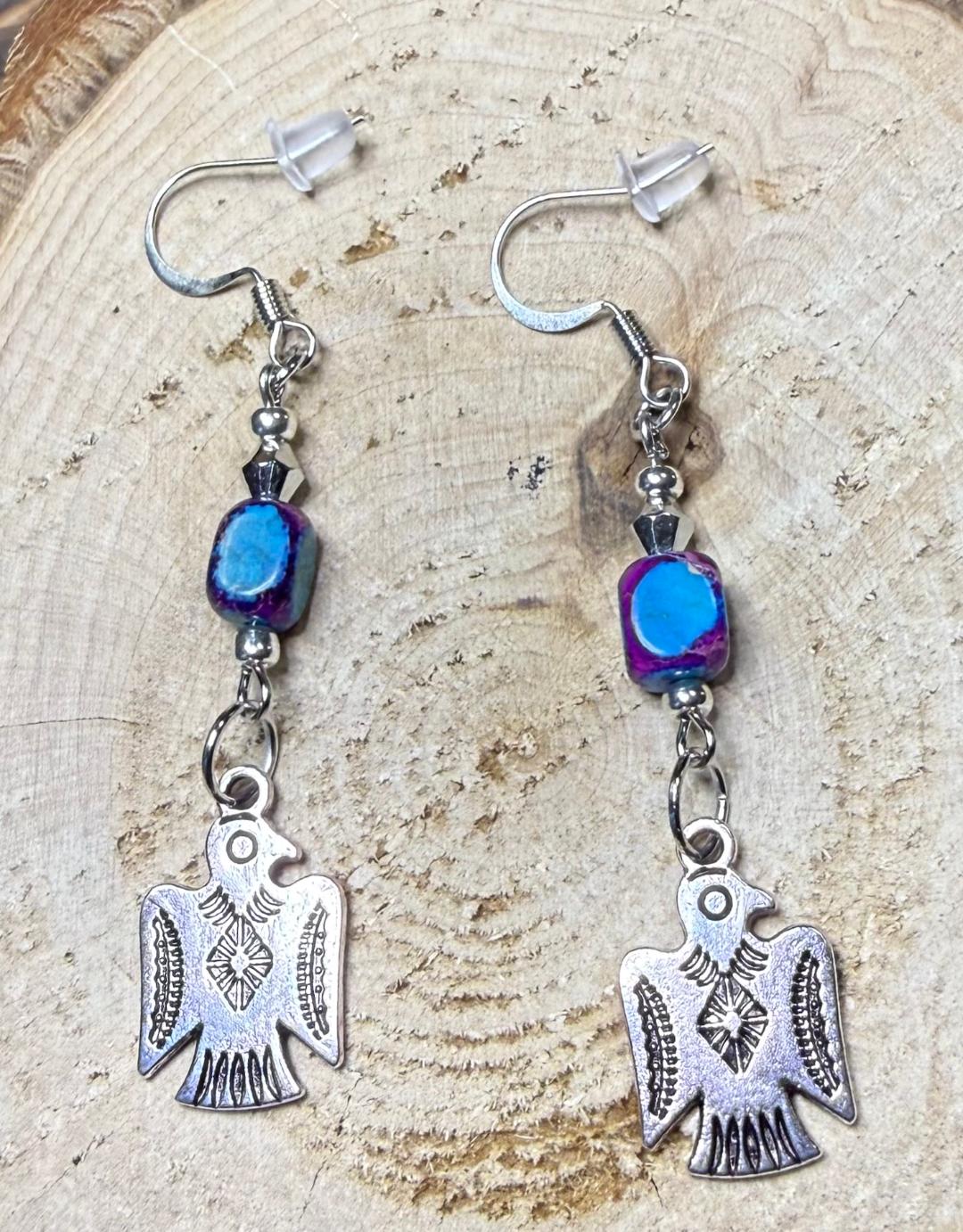 NEW Silver Thunderbird Charm Earrings w/ Multicolor Jasper Bead