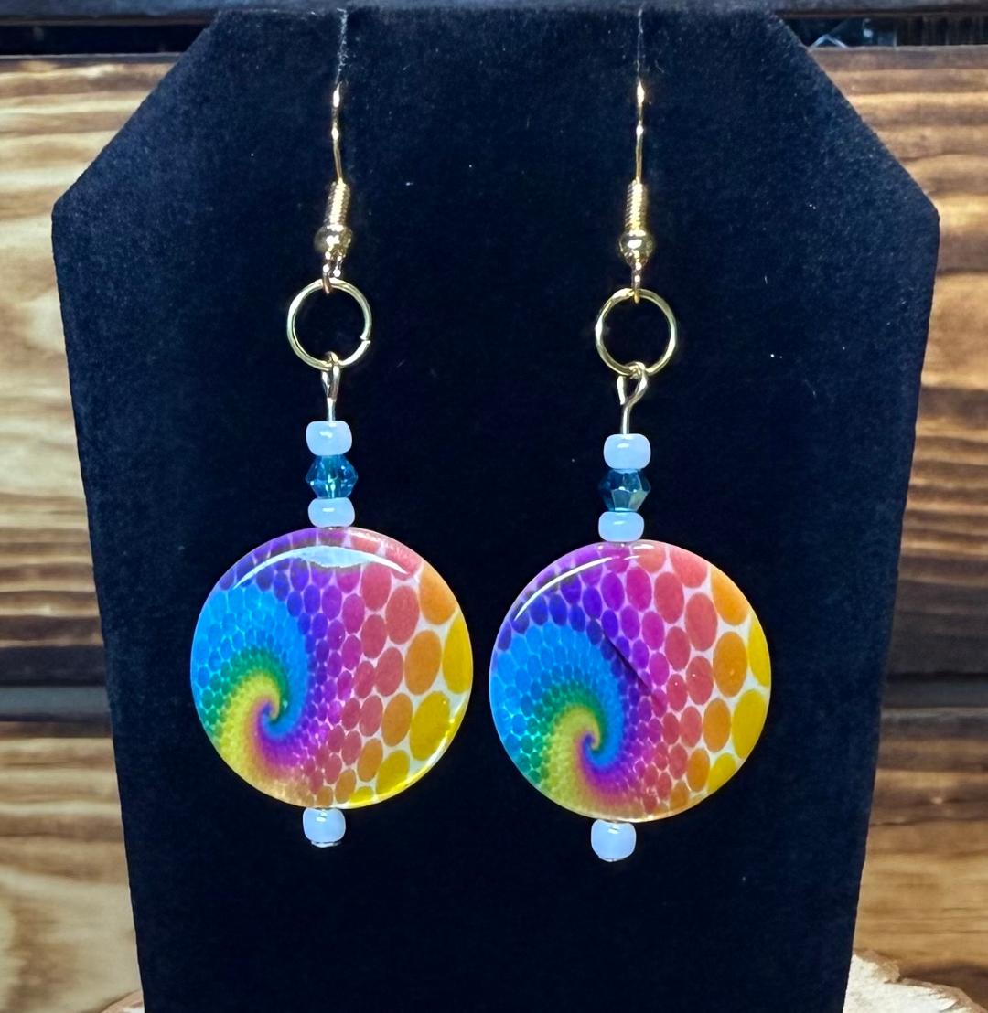 NEW Round Hippie Tie Dye Coin Shaped Earrings w/ Teal & White Beads