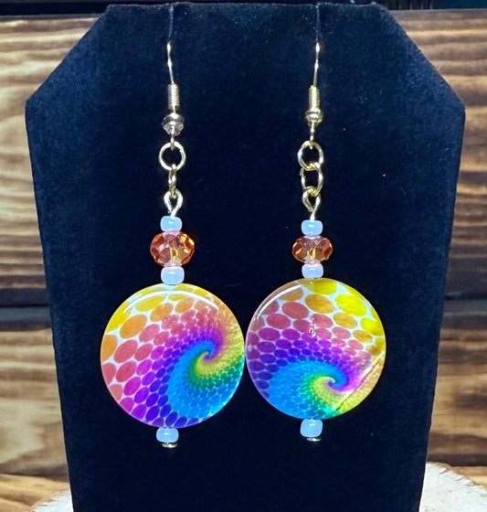 NEW Round Hippie Tie Dye Coin Shaped Earrings w/ Faceted Glass Orange Beads