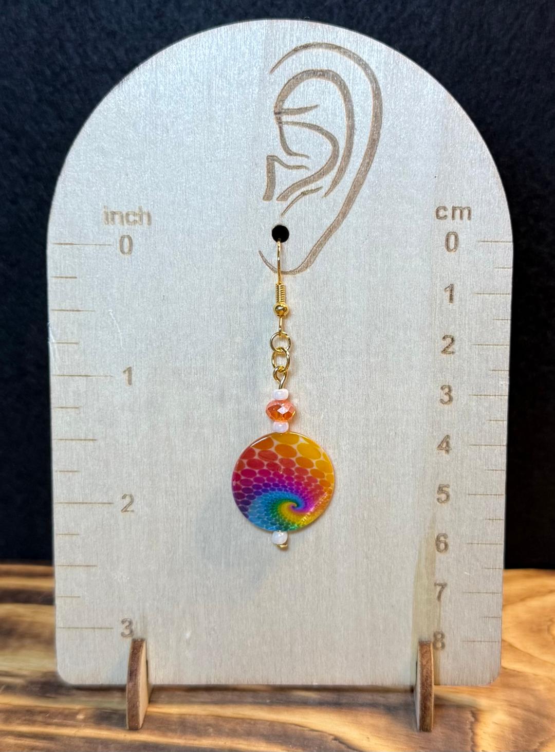 NEW Round Hippie Tie Dye Coin Shaped Earrings w/ Faceted Glass Orange Beads
