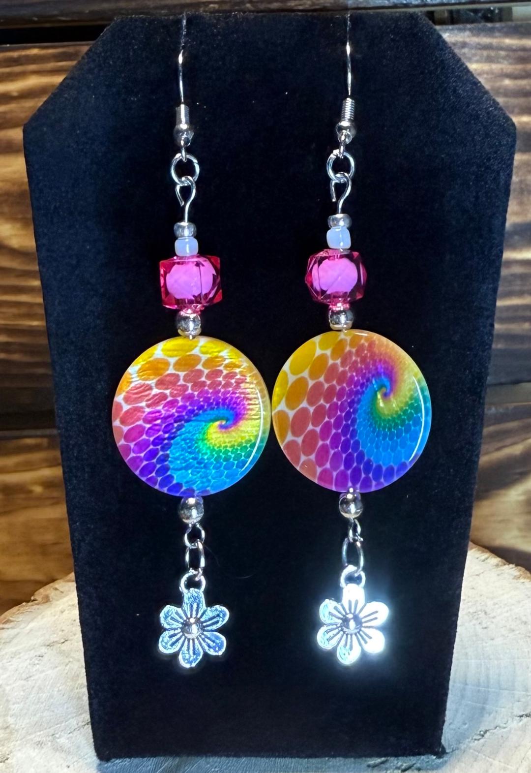 NEW Round Hippie Tie Dye Coin Shaped Earrings w/ Flower Charms & Beads