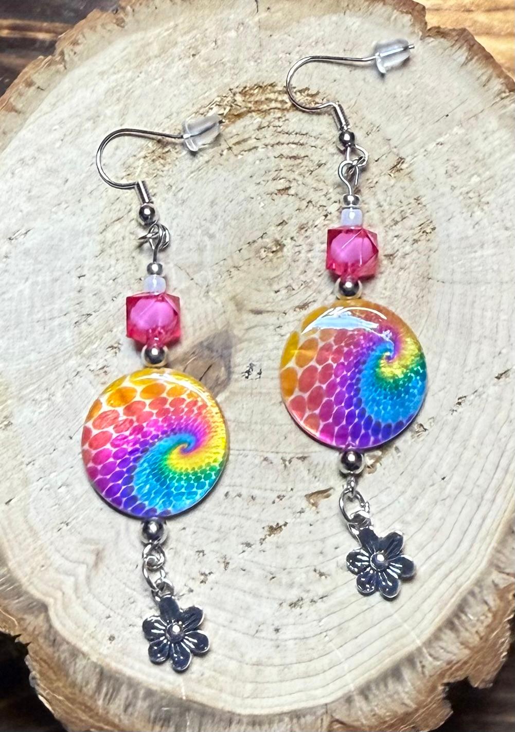 NEW Round Hippie Tie Dye Coin Shaped Earrings w/ Flower Charms & Beads