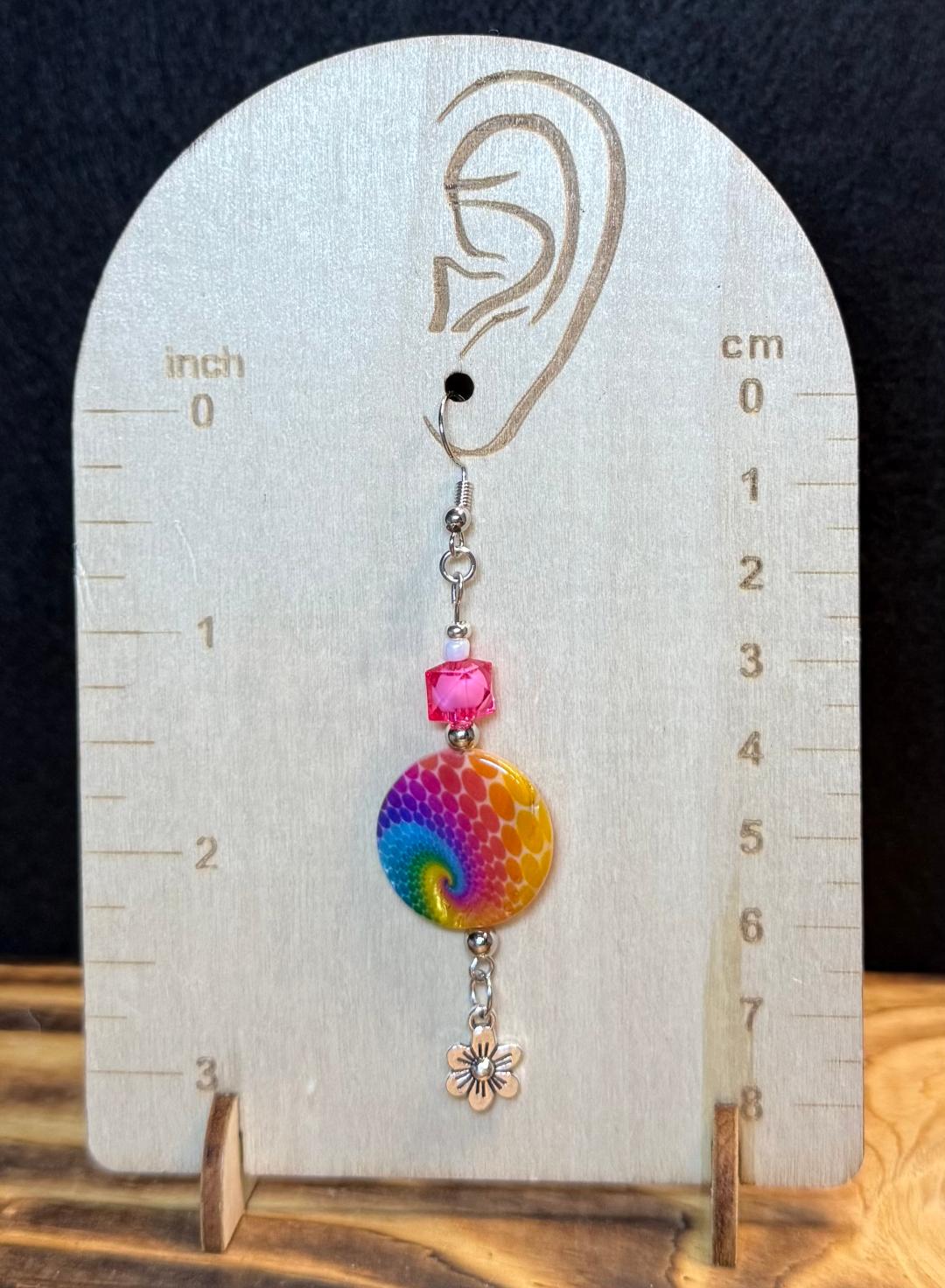 NEW Round Hippie Tie Dye Coin Shaped Earrings w/ Flower Charms & Beads