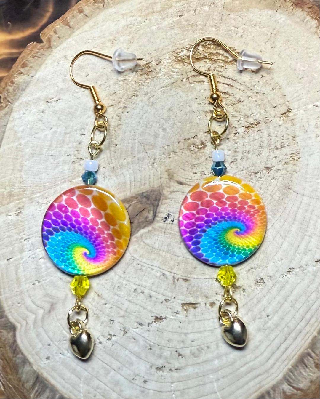 NEW Round Hippie Tie Dye Coin Shaped Earrings w/ Heart Charms & Beads