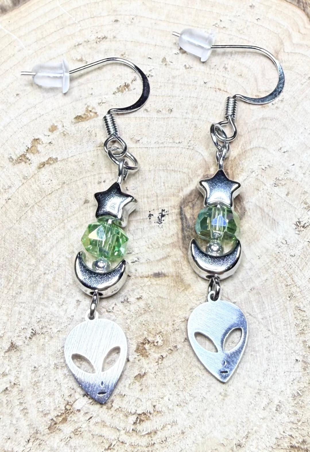 NEW Little Stainless Celestial Alien Head Charm Earrings w/ Moon & Stars