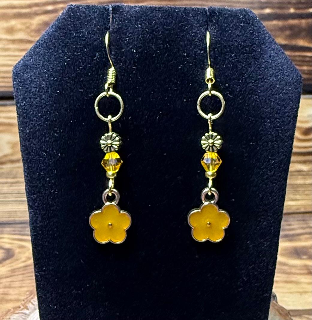 NEW Dainty Orange Enamel Flower Earrings w/ Glass Beads