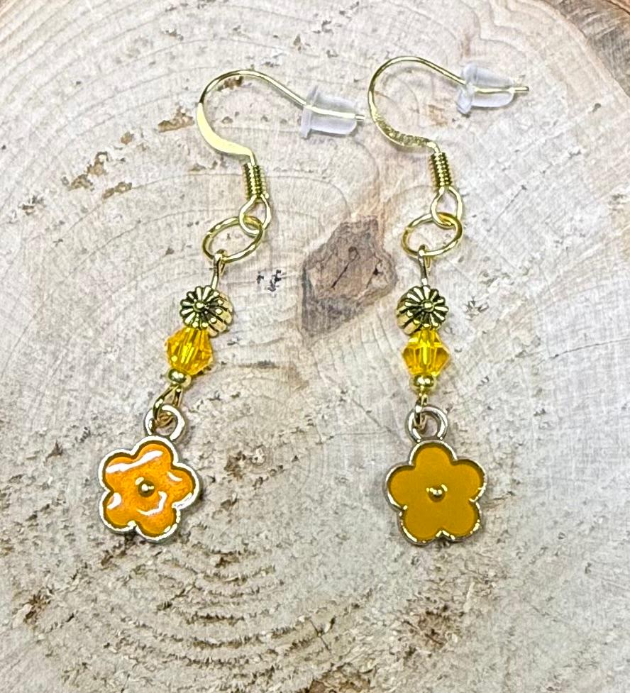 NEW Dainty Orange Enamel Flower Earrings w/ Glass Beads