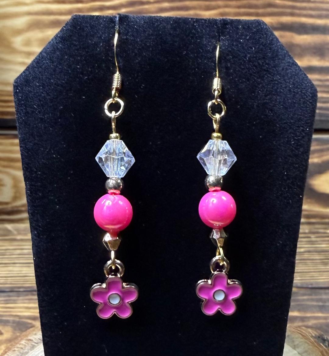 NEW Tiny Pink Flower Charm Boho Hippie Earrings w/ Beads