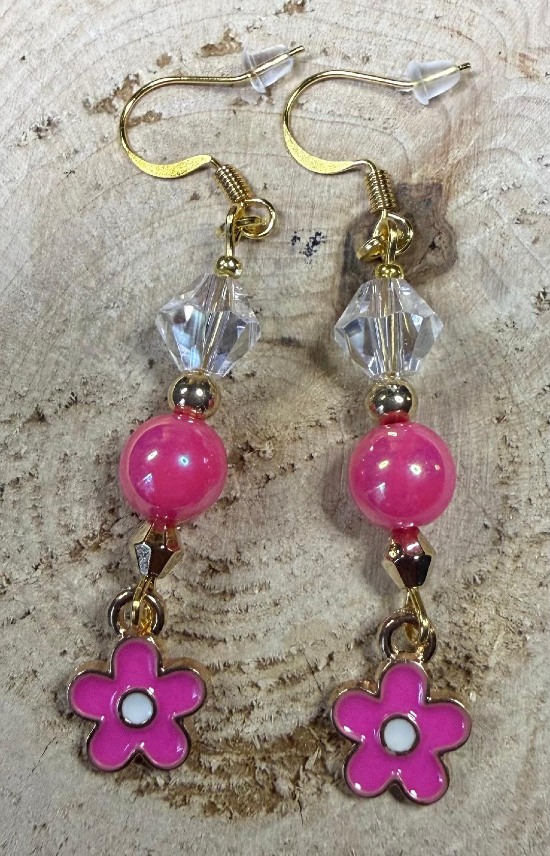 NEW Tiny Pink Flower Charm Boho Hippie Earrings w/ Beads