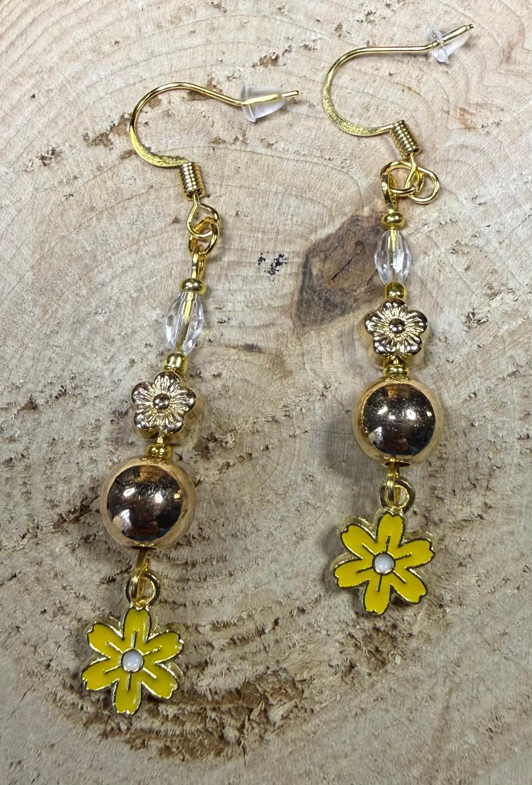 NEW Tiny Yellow Flower Charm Earrings w/ Gold Beads