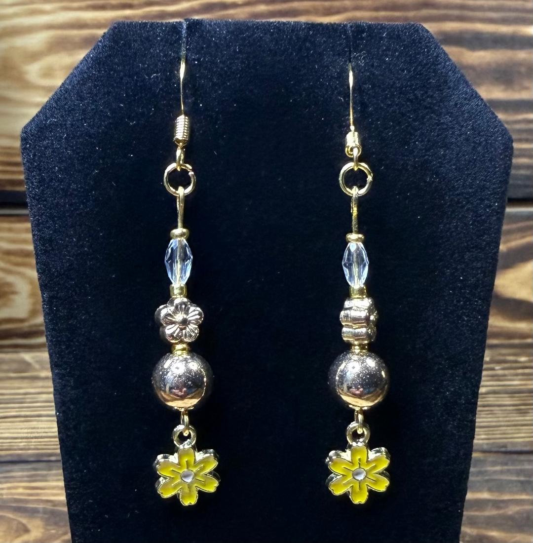 NEW Tiny Yellow Flower Charm Earrings w/ Gold Beads