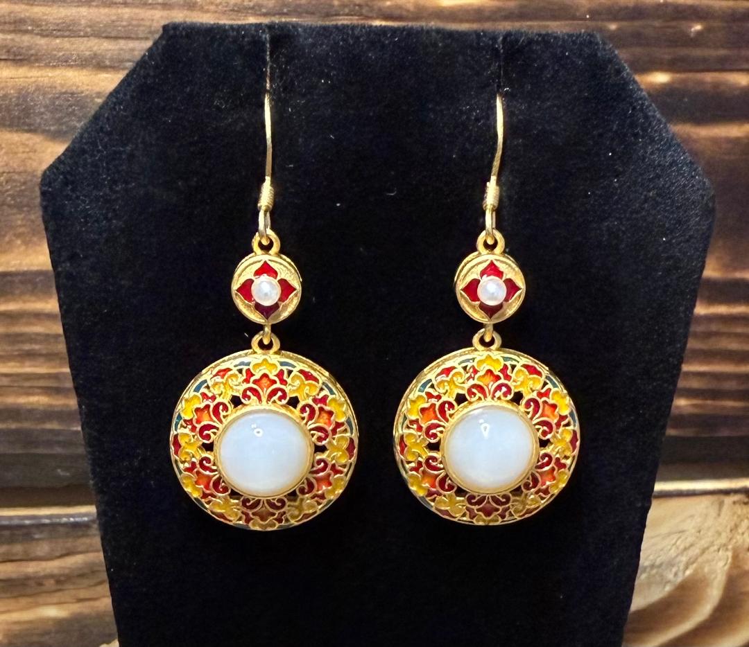 NEW Western Indian Look Gold Tone Round Earring Charms w/ White Gem Center