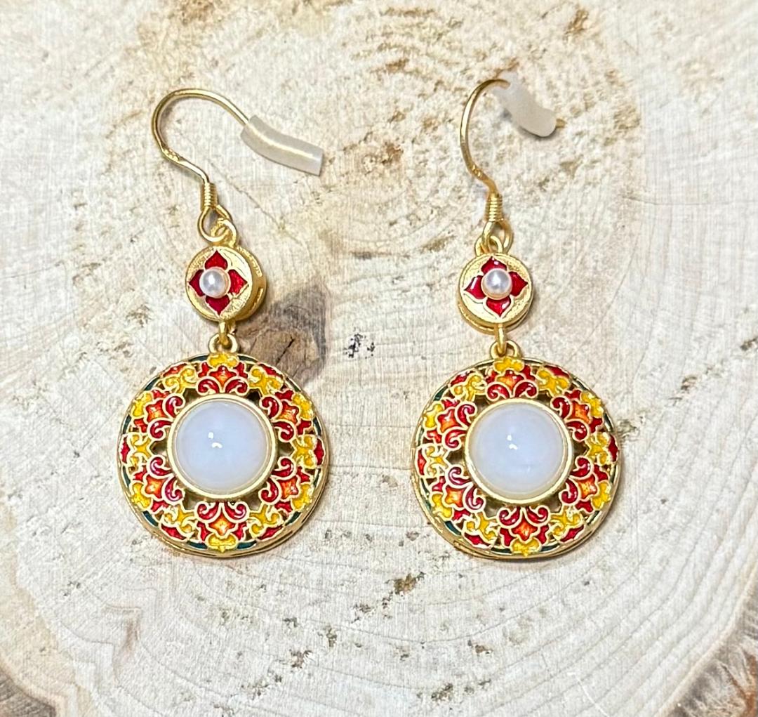 NEW Western Indian Look Gold Tone Round Earring Charms w/ White Gem Center