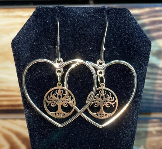 NEW Cute & Unique Stainless Steel & Alloy Tree of Life Gold Tone Heart Hoop Earrings
