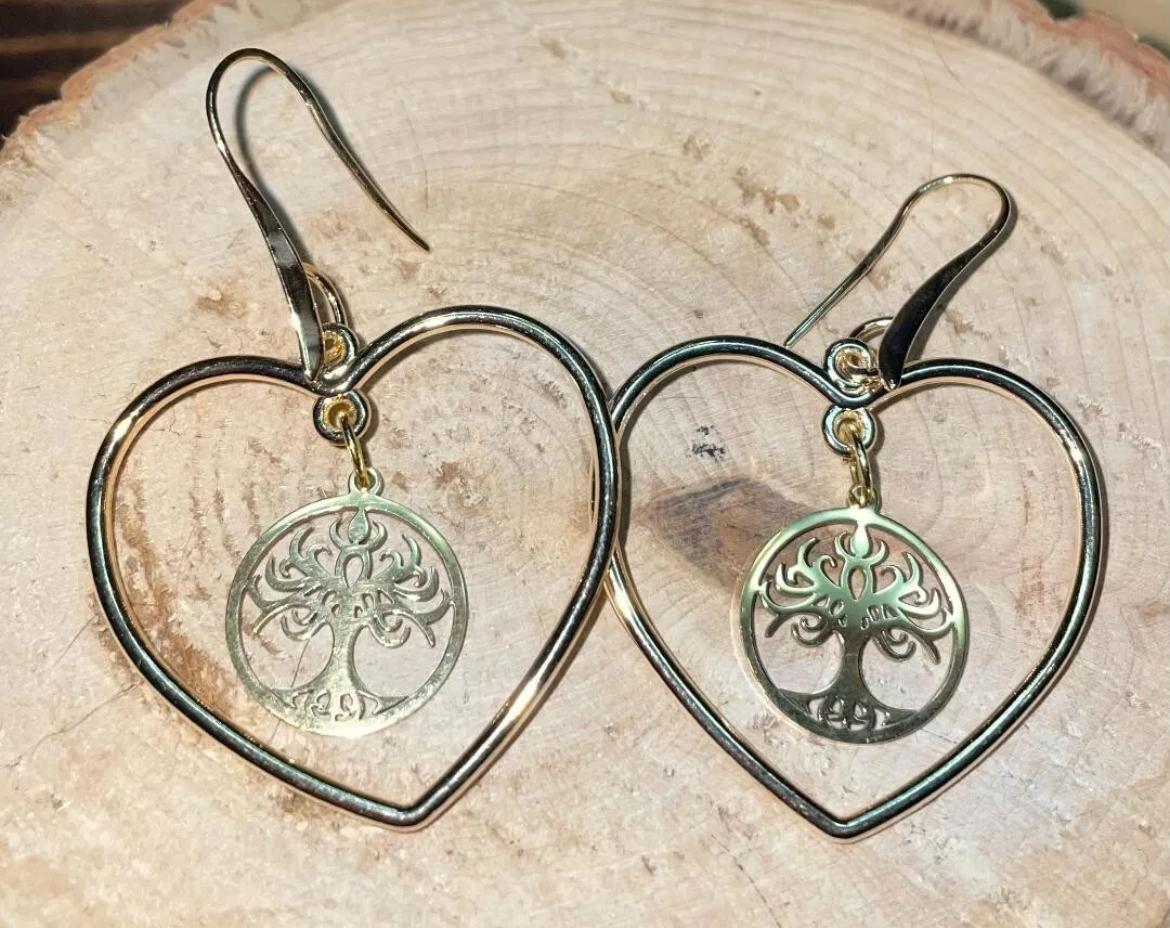 NEW Cute & Unique Stainless Steel & Alloy Tree of Life Gold Tone Heart Hoop Earrings