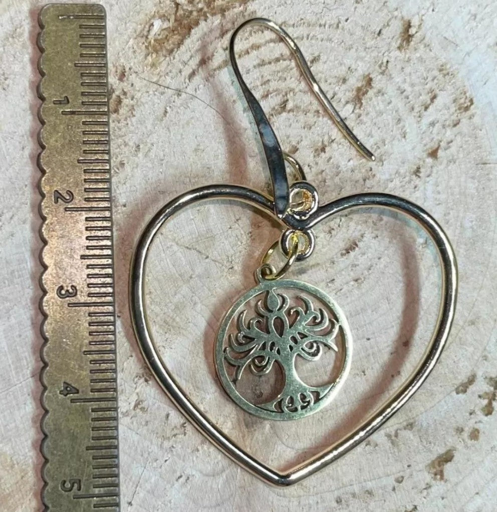 NEW Cute & Unique Stainless Steel & Alloy Tree of Life Gold Tone Heart Hoop Earrings