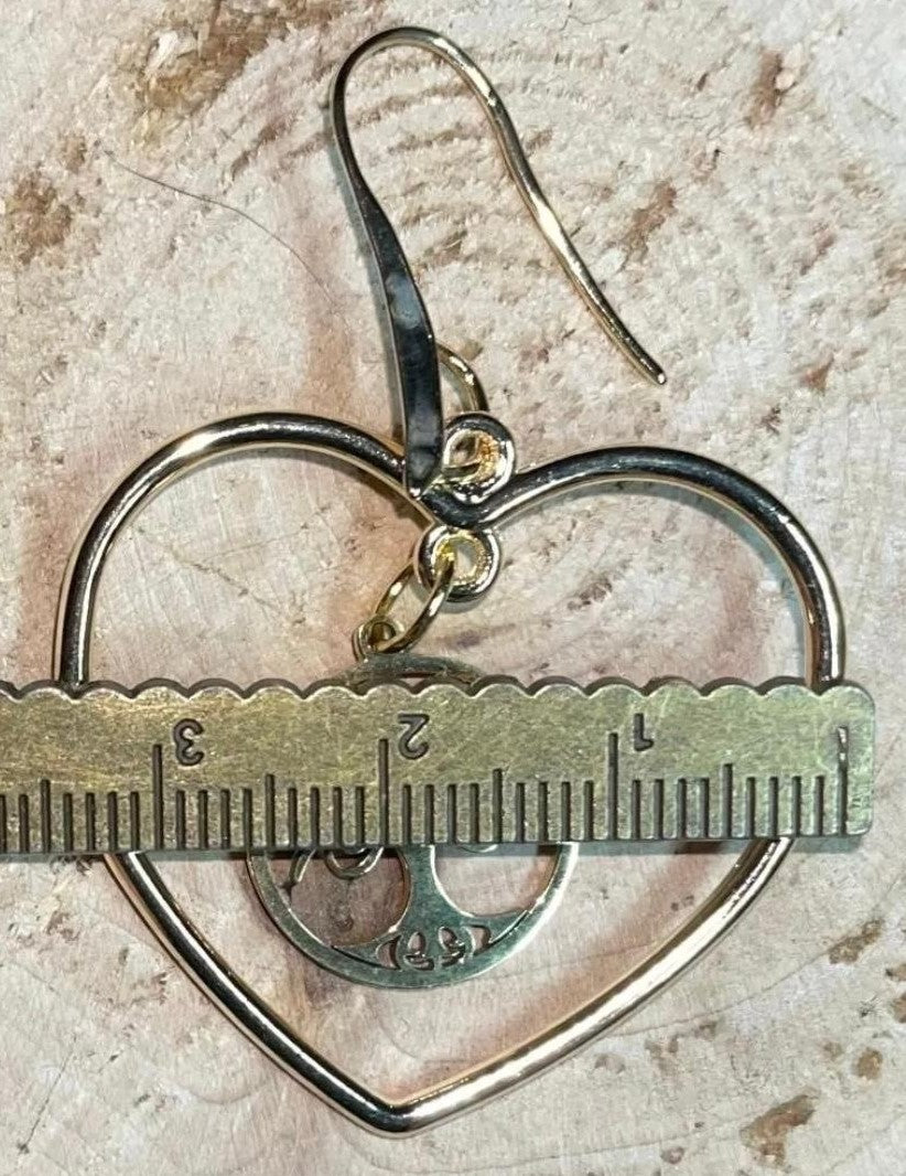 NEW Cute & Unique Stainless Steel & Alloy Tree of Life Gold Tone Heart Hoop Earrings