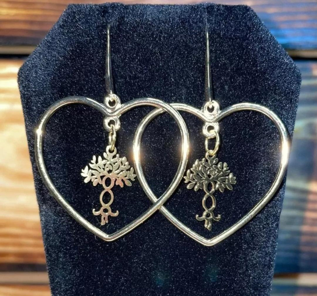 NEW Very Unique Stainless Steel & Alloy Tree of Life Gold Tone Heart Hoop Earrings