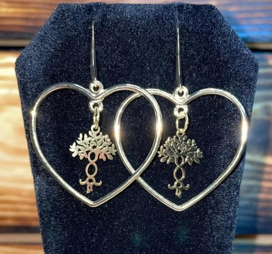 NEW Very Unique Stainless Steel & Alloy Tree of Life Gold Tone Heart Hoop Earrings