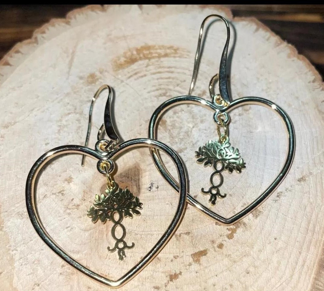NEW Very Unique Stainless Steel & Alloy Tree of Life Gold Tone Heart Hoop Earrings