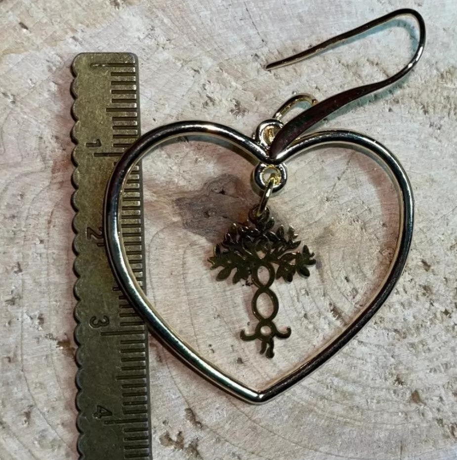 NEW Very Unique Stainless Steel & Alloy Tree of Life Gold Tone Heart Hoop Earrings