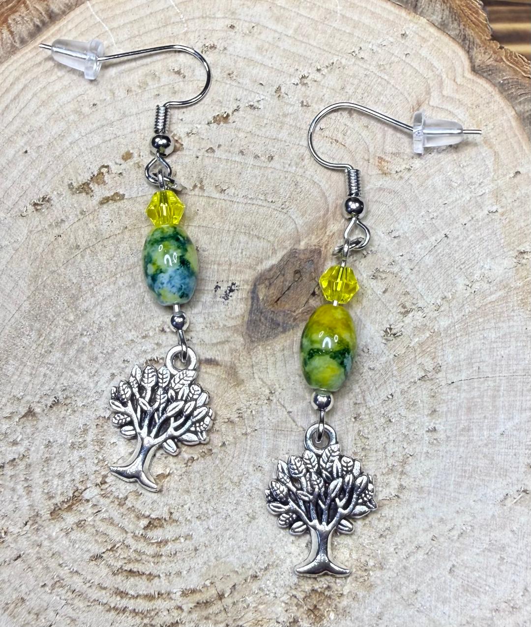 NEW Silver Tree Earrings w/ Green & Yellow Tie Dye Beads