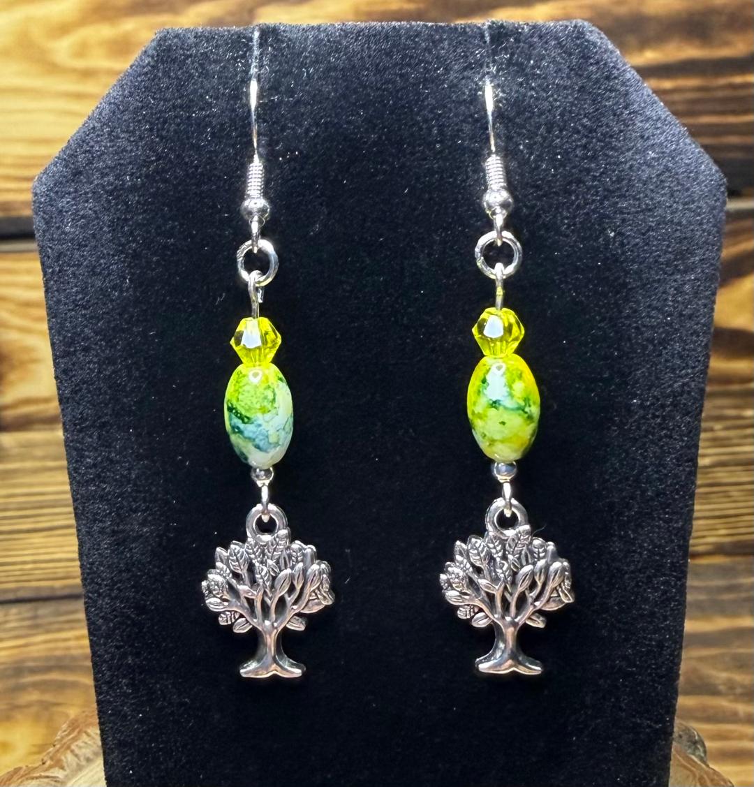 NEW Silver Tree Earrings w/ Green & Yellow Tie Dye Beads