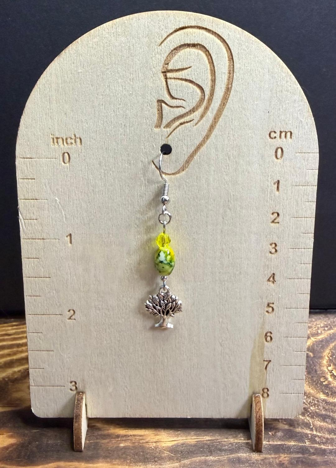 NEW Silver Tree Earrings w/ Green & Yellow Tie Dye Beads