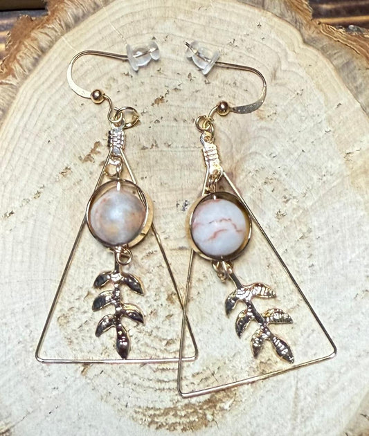 NEW Gold Triangle & Marbled Bead w/ Leaf Earrings