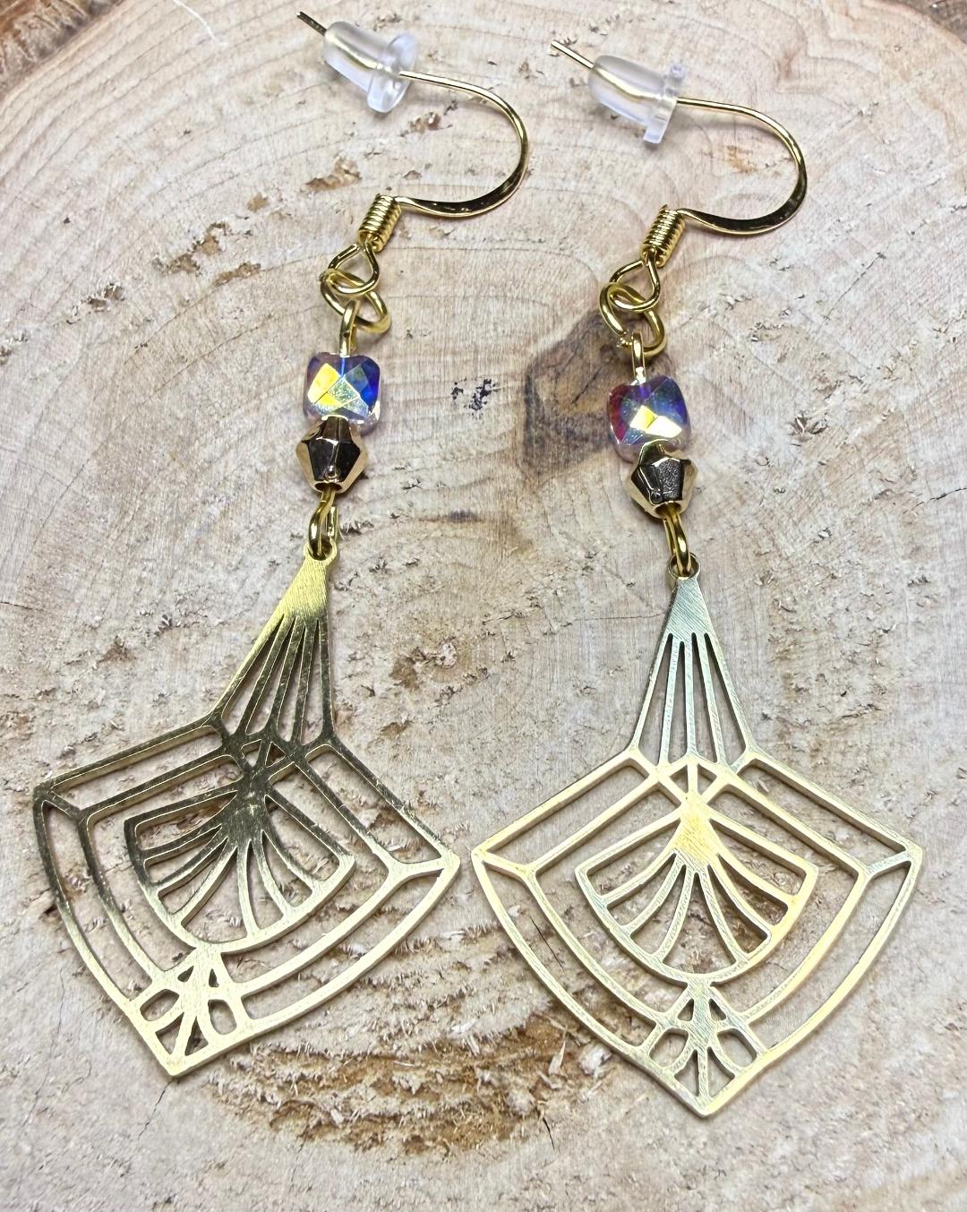 NEW Stainless Steel Triangle Gold Line Art Fan Earrings w/ Glass Beads