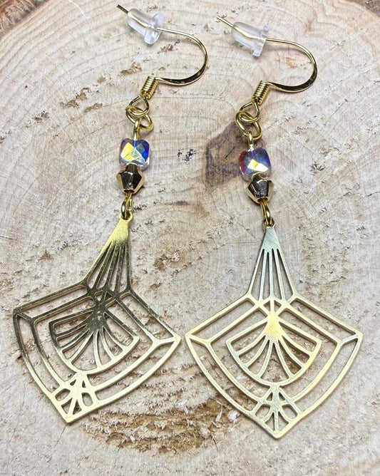 NEW Stainless Steel Triangle Gold Line Art Fan Earrings w/ Glass Beads