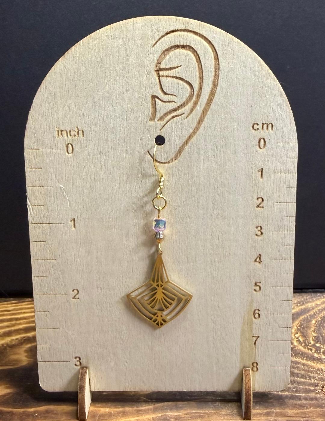 NEW Stainless Steel Triangle Gold Line Art Fan Earrings w/ Glass Beads