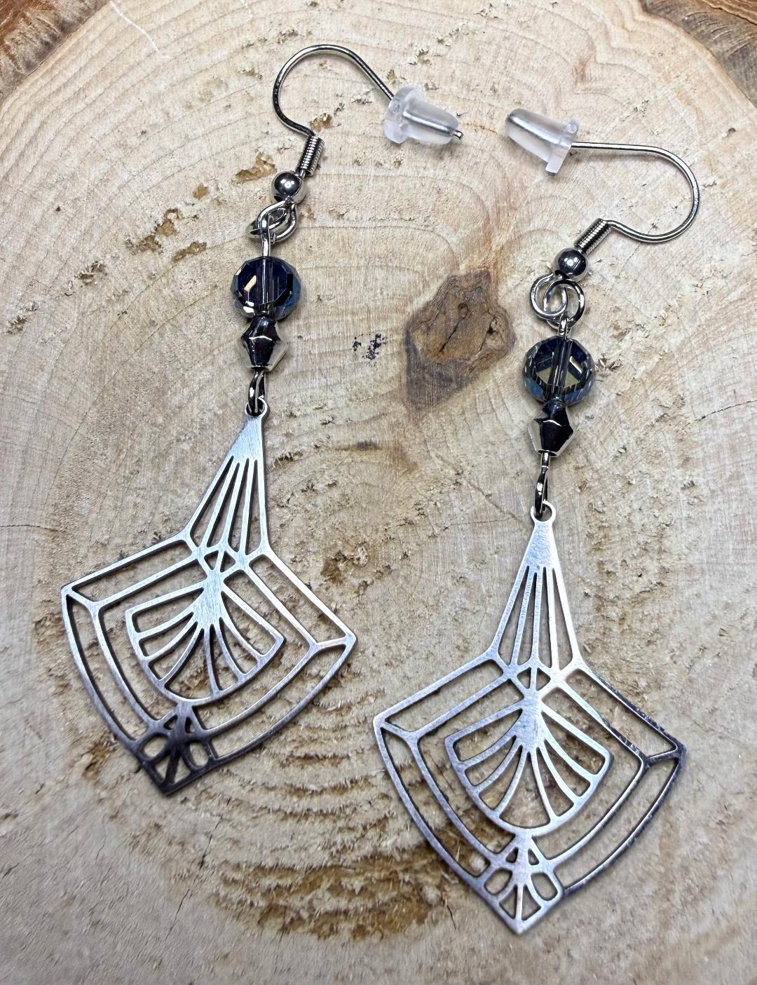 NEW Stainless Steel Triangle Silver Line Art Fan Earrings w/ Glass Beads