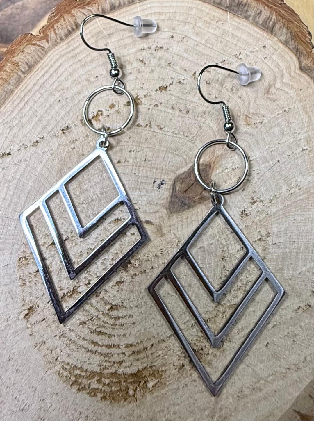 NEW Modern Art Triangle Stainless Steel Earrings w/ Circle Ring